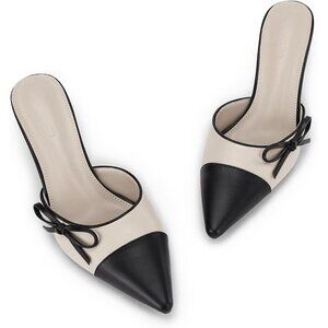 Mules Heels Beige Faux Leather Closed Pointed Toe Slip On Backless Shoes Pumps